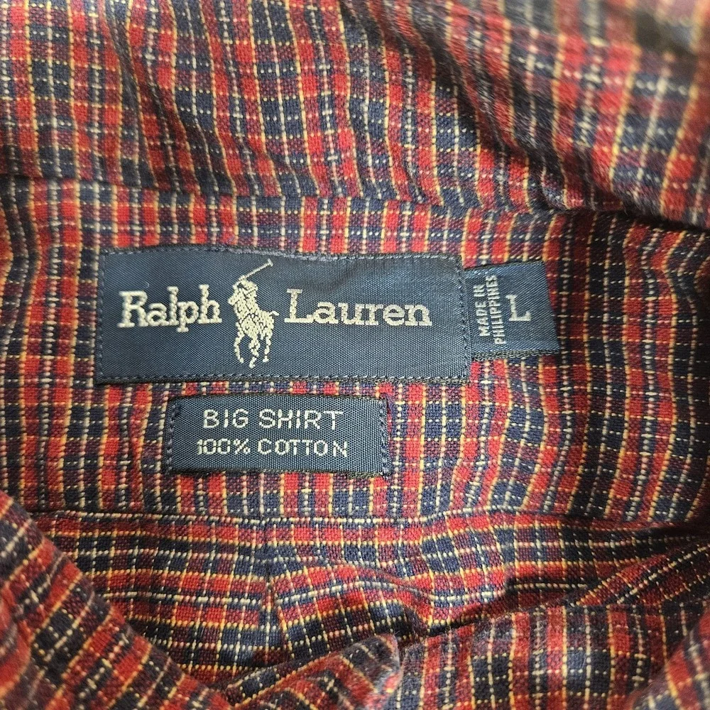 Vtg Polo Ralph Lauren Oxford Button BIG SHIRT Men L Red‎ Blue Plaid Flannel